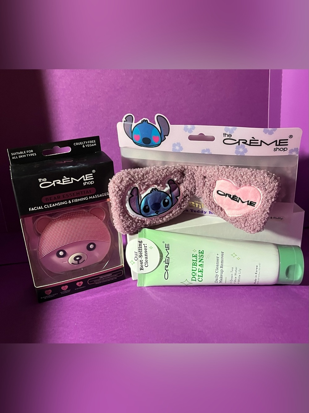 the Crème Shop - Facial cleanser Massager, Spa Headband and Double Cleanse Gel